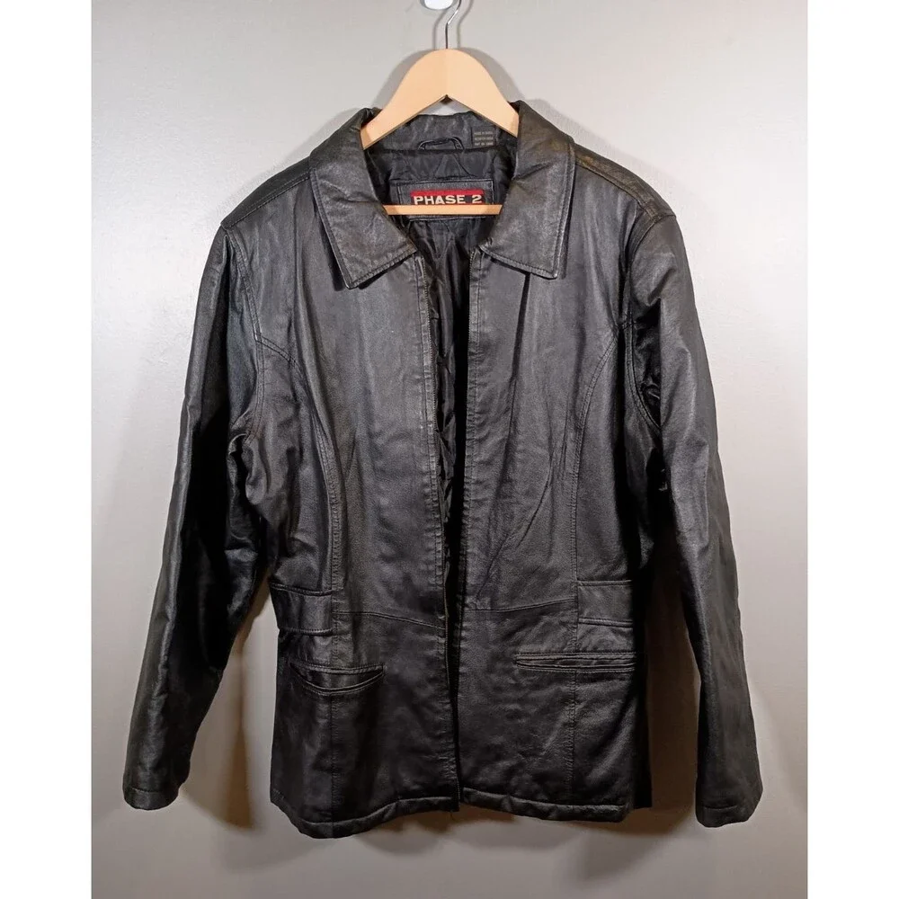 Phase Two Womens Black Long Sleeve Collared Pockets Full Zip Jacket Size Large